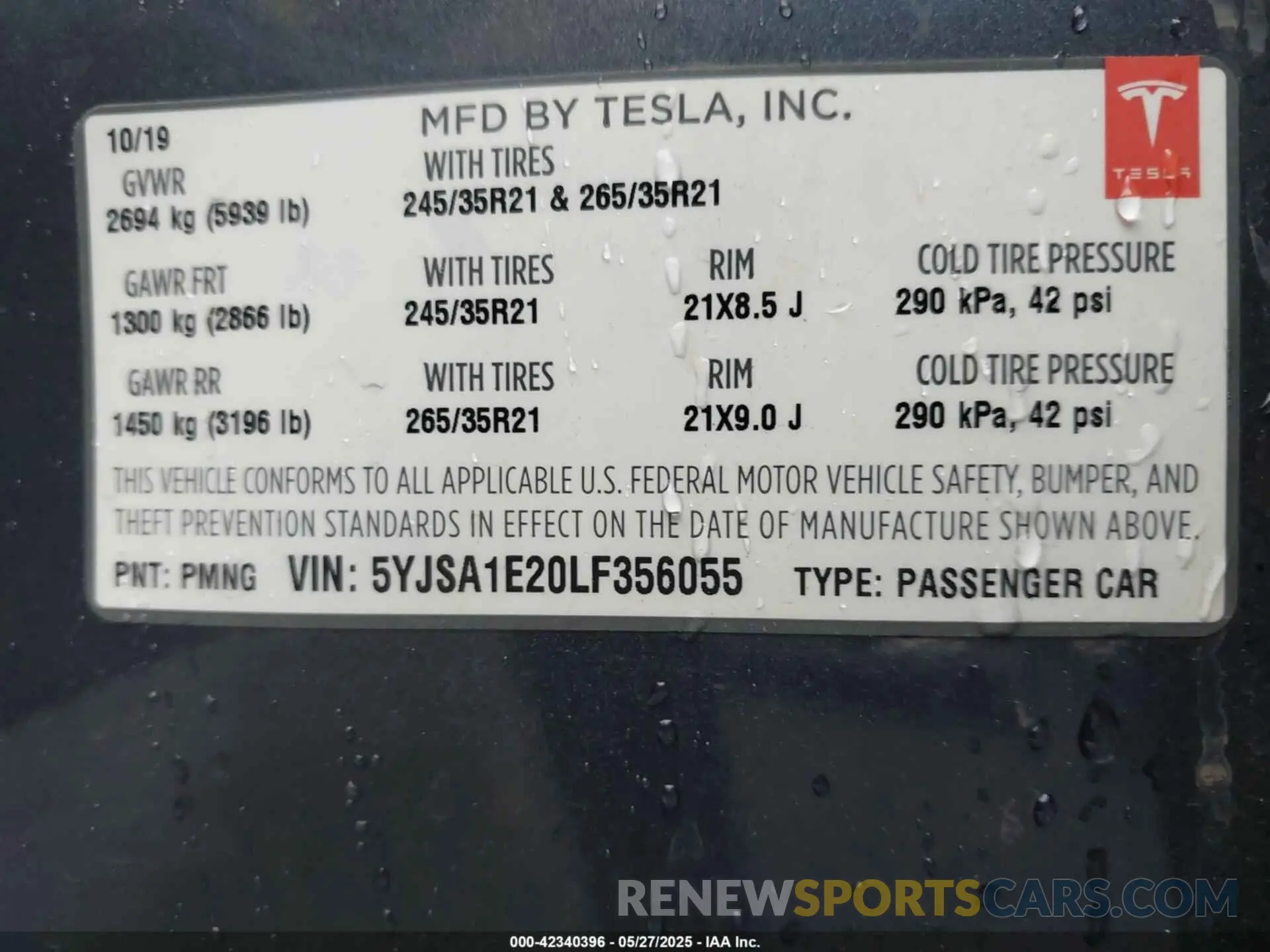 9 fotografías del automóvil dañado 5YJSA1E20LF356055 TESLA MODEL S 2020