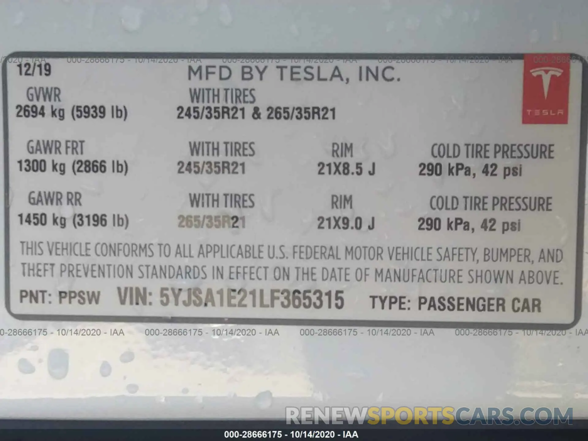 9 fotografías del automóvil dañado 5YJSA1E21LF365315 TESLA MODEL S 2020
