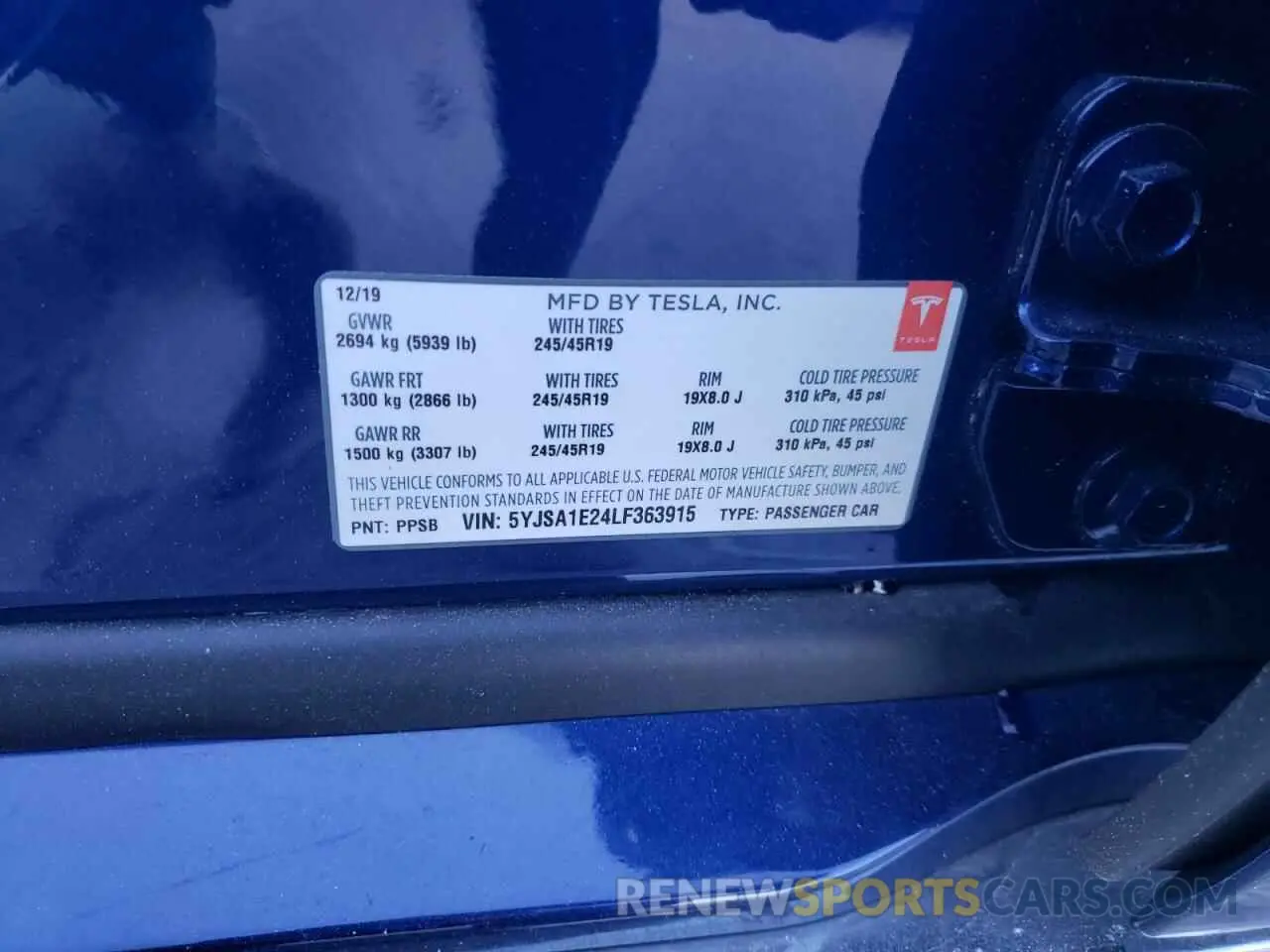 10 fotografías del automóvil dañado 5YJSA1E24LF363915 TESLA MODEL S 2020
