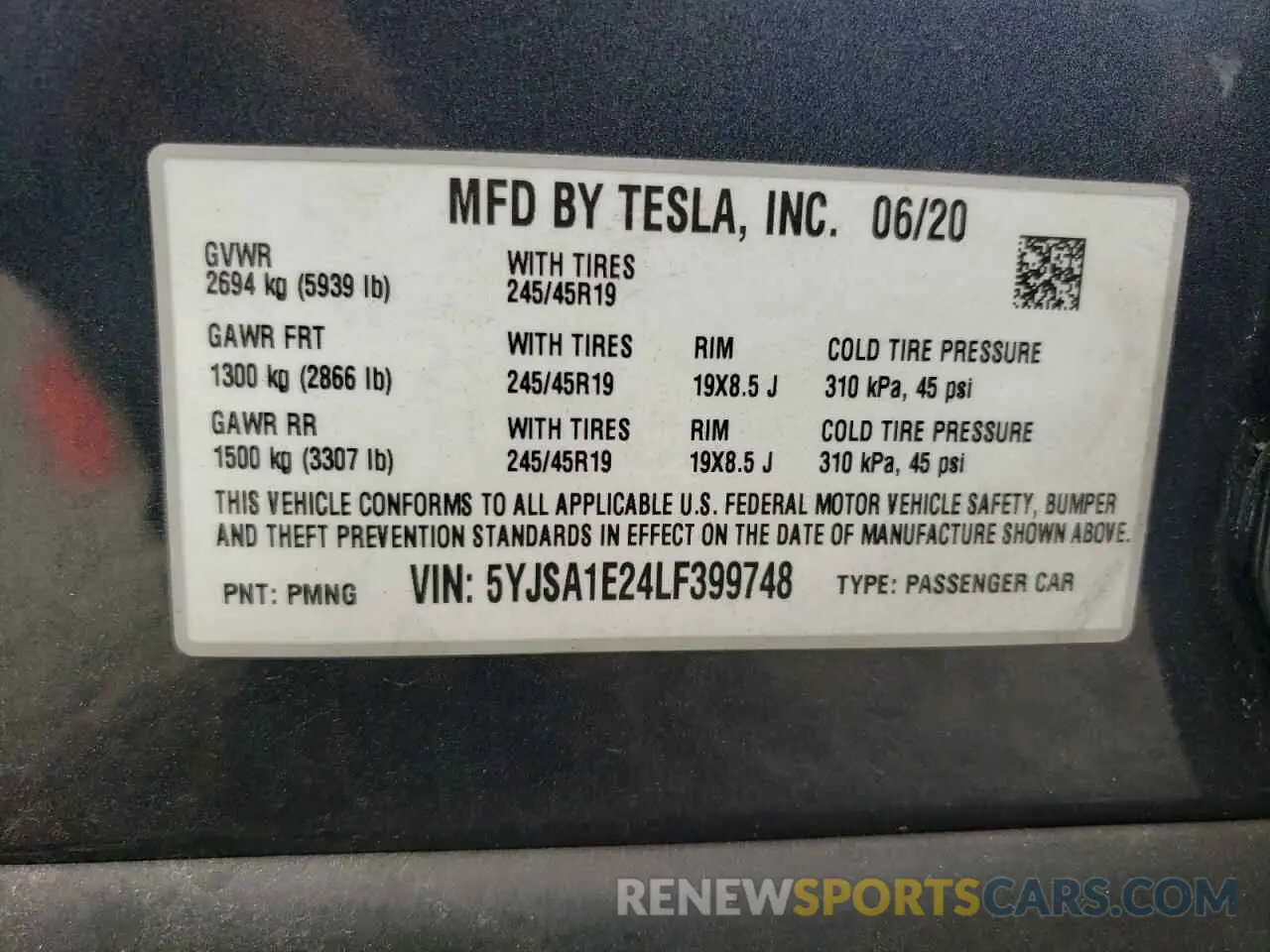 13 fotografías del automóvil dañado 5YJSA1E24LF399748 TESLA MODEL S 2020