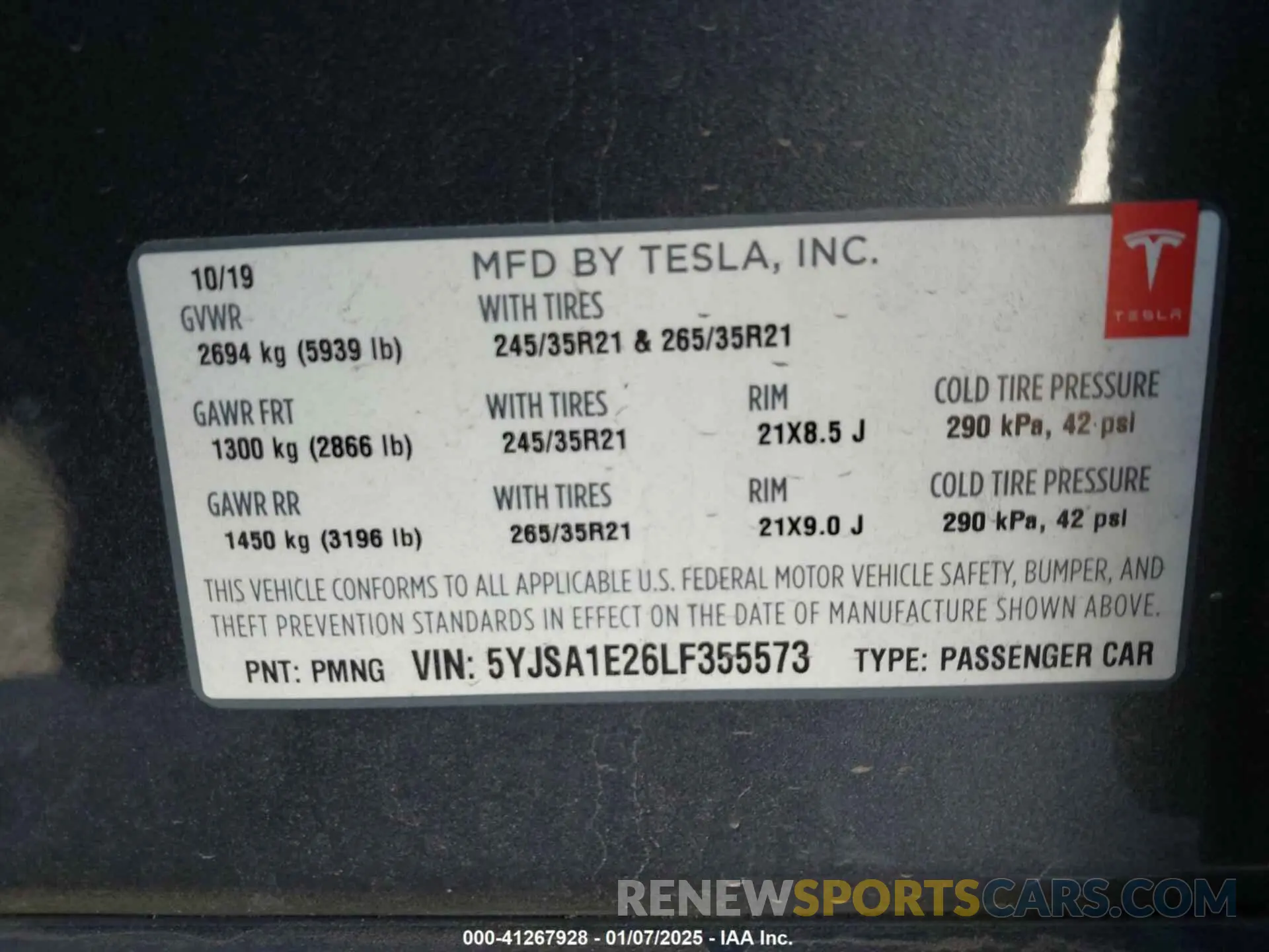 9 fotografías del automóvil dañado 5YJSA1E26LF355573 TESLA MODEL S 2020