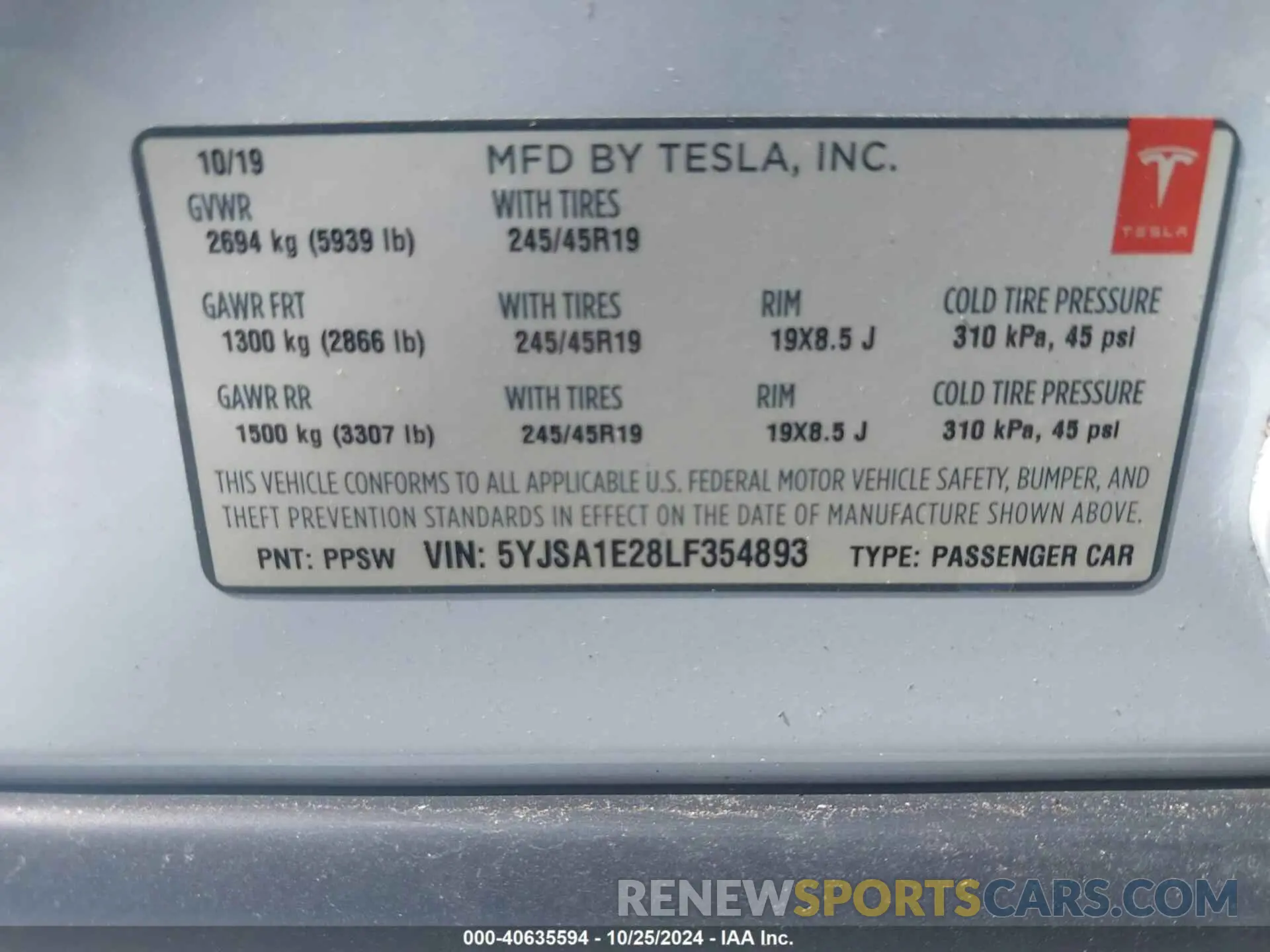 9 fotografías del automóvil dañado 5YJSA1E28LF354893 TESLA MODEL S 2020