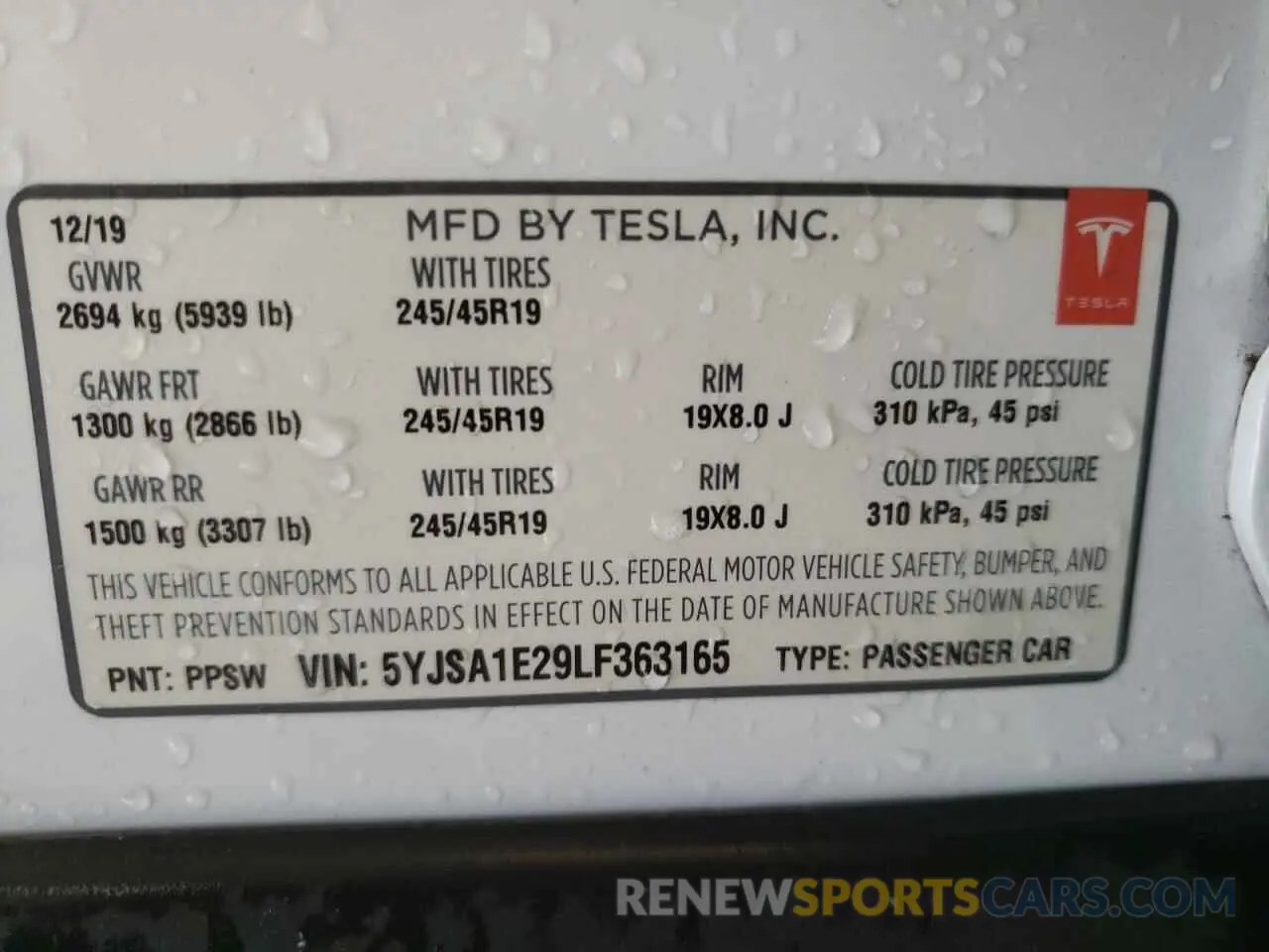 10 fotografías del automóvil dañado 5YJSA1E29LF363165 TESLA MODEL S 2020
