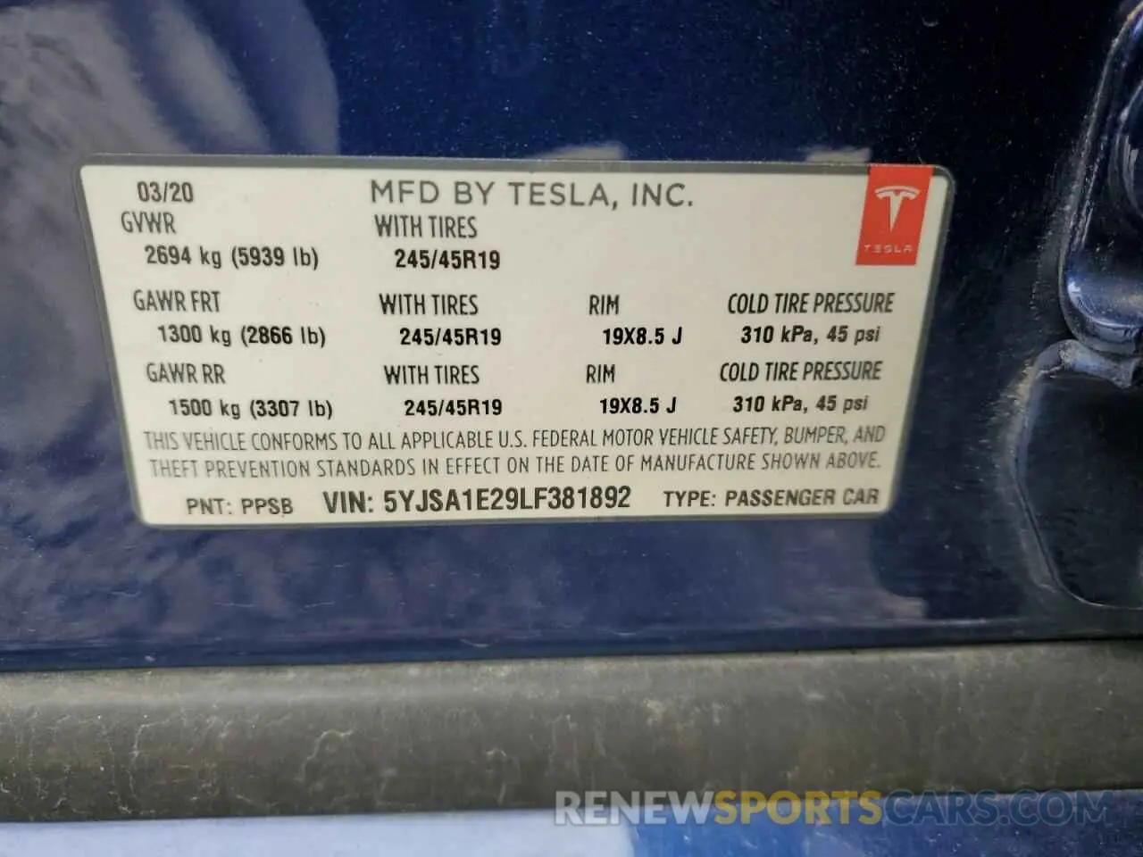 13 fotografías del automóvil dañado 5YJSA1E29LF381892 TESLA MODEL S 2020