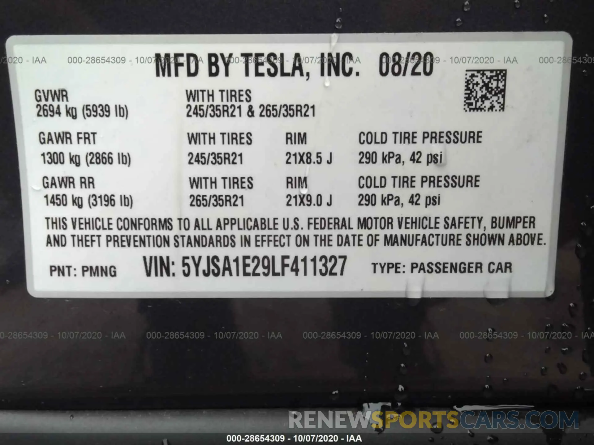 9 fotografías del automóvil dañado 5YJSA1E29LF411327 TESLA MODEL S 2020
