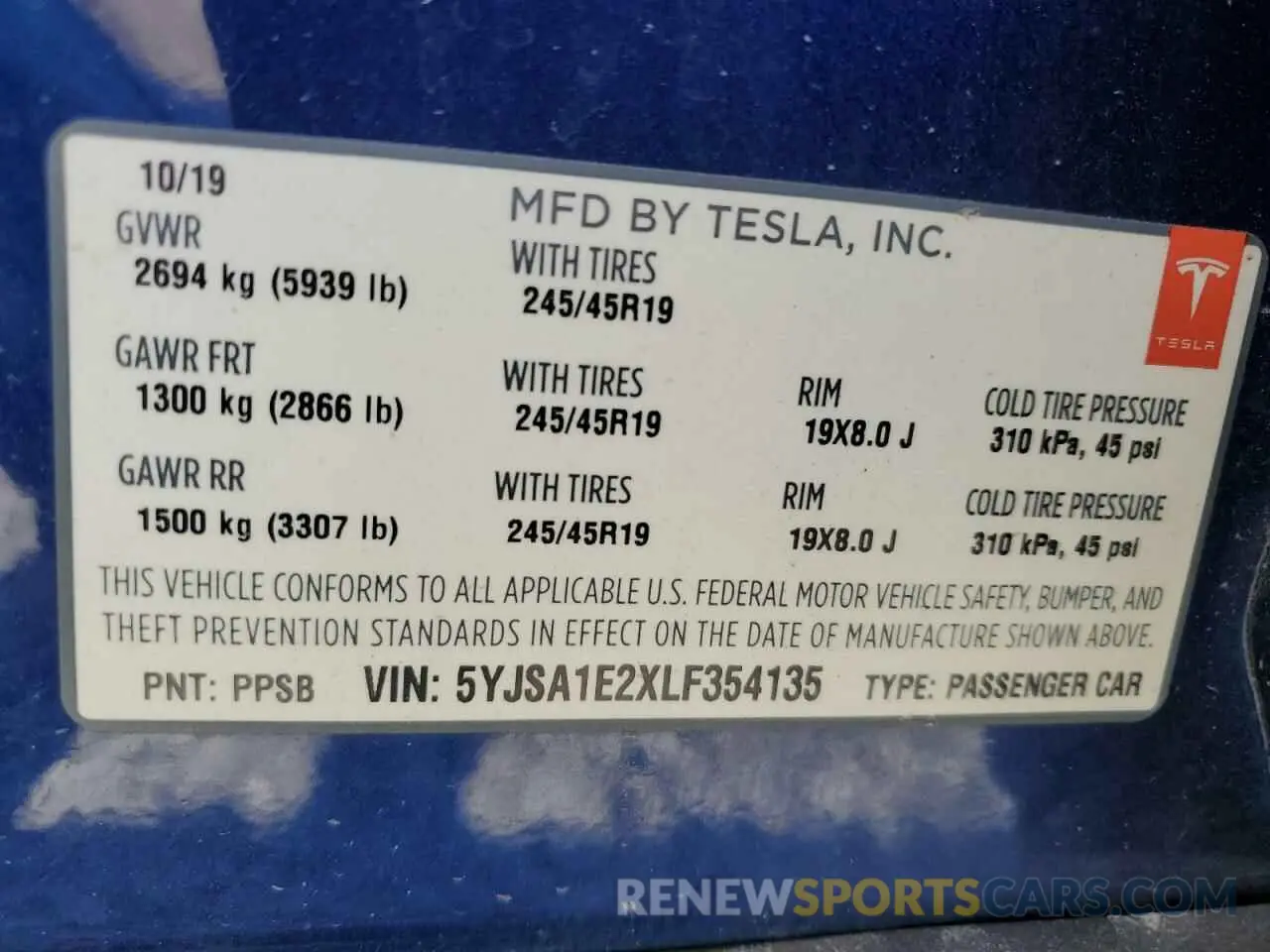 13 fotografías del automóvil dañado 5YJSA1E2XLF354135 TESLA MODEL S 2020