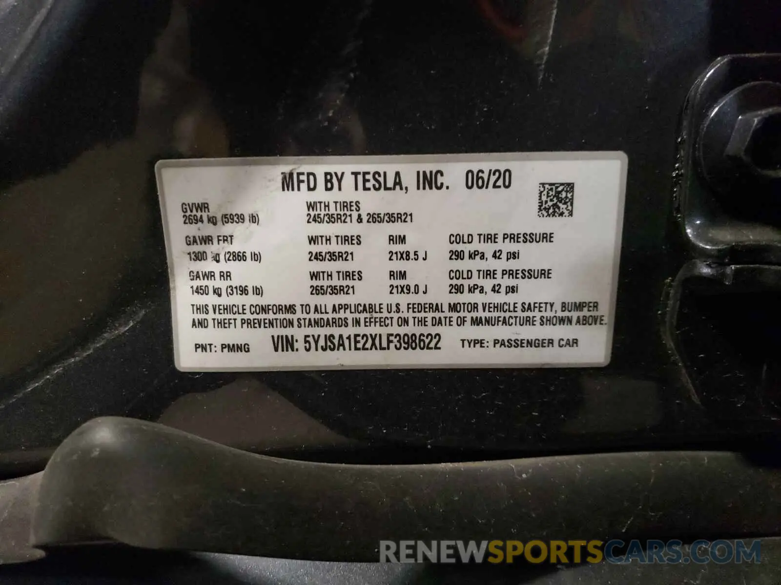 10 fotografías del automóvil dañado 5YJSA1E2XLF398622 TESLA MODEL S 2020