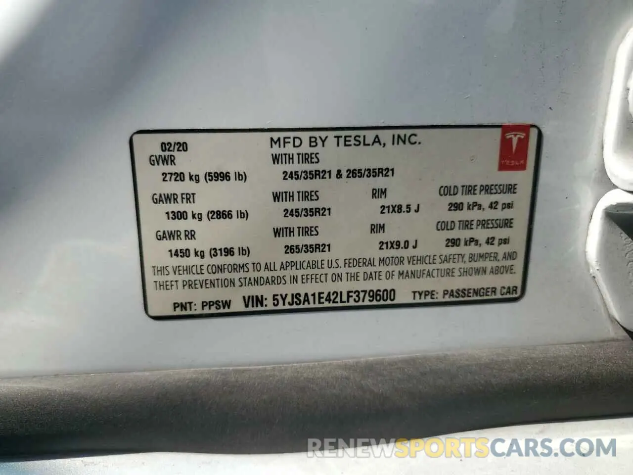 13 fotografías del automóvil dañado 5YJSA1E42LF379600 TESLA MODEL S 2020