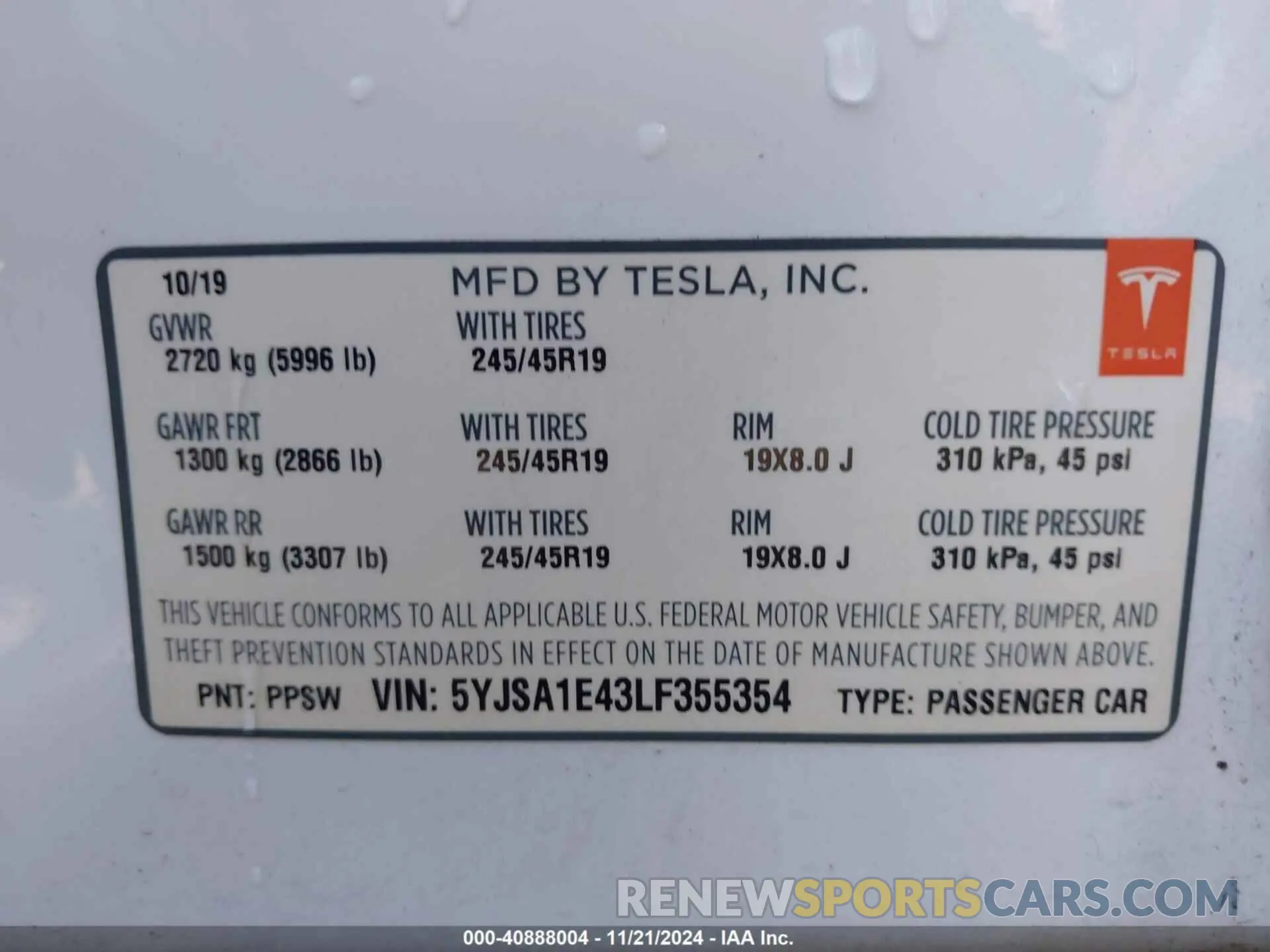 9 fotografías del automóvil dañado 5YJSA1E43LF355354 TESLA MODEL S 2020