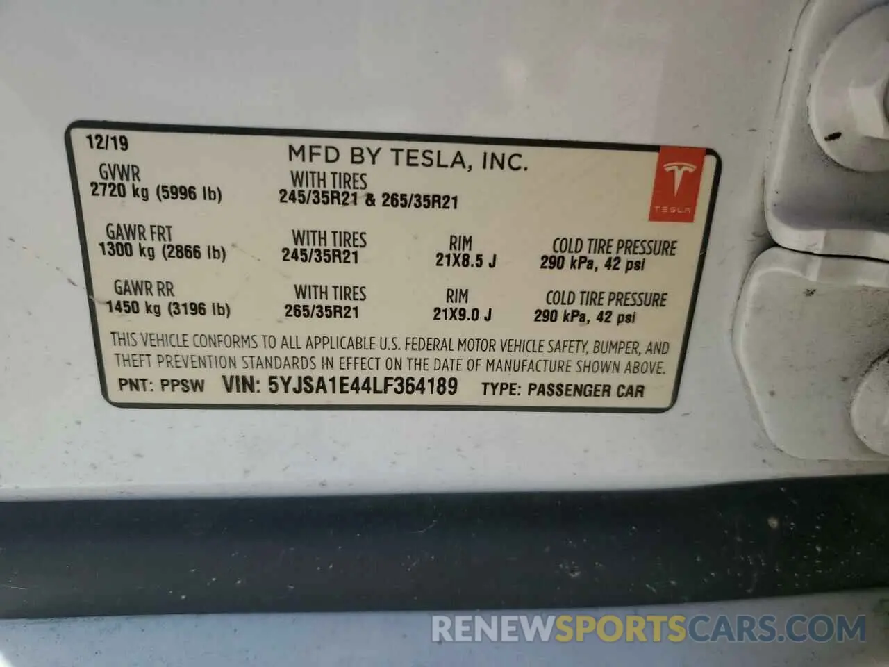 12 fotografías del automóvil dañado 5YJSA1E44LF364189 TESLA MODEL S 2020