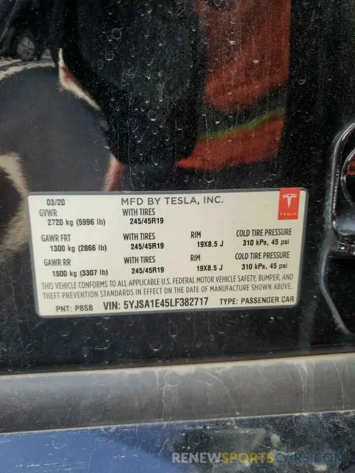 12 fotografías del automóvil dañado 5YJSA1E45LF382717 TESLA MODEL S 2020