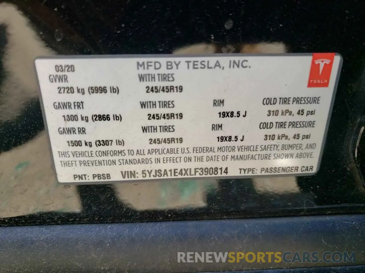 10 fotografías del automóvil dañado 5YJSA1E4XLF390814 TESLA MODEL S 2020
