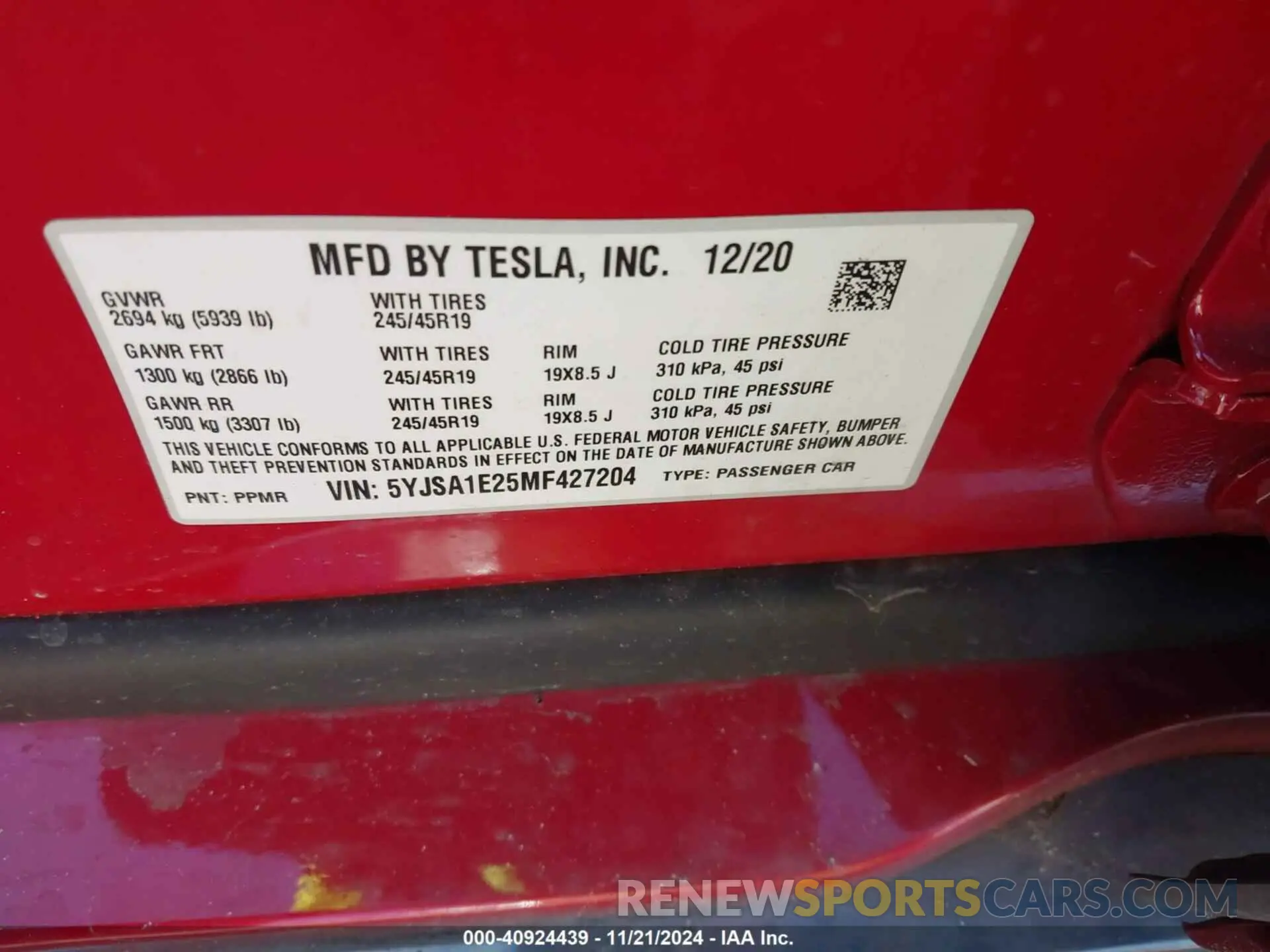 9 fotografías del automóvil dañado 5YJSA1E25MF427204 TESLA MODEL S 2021