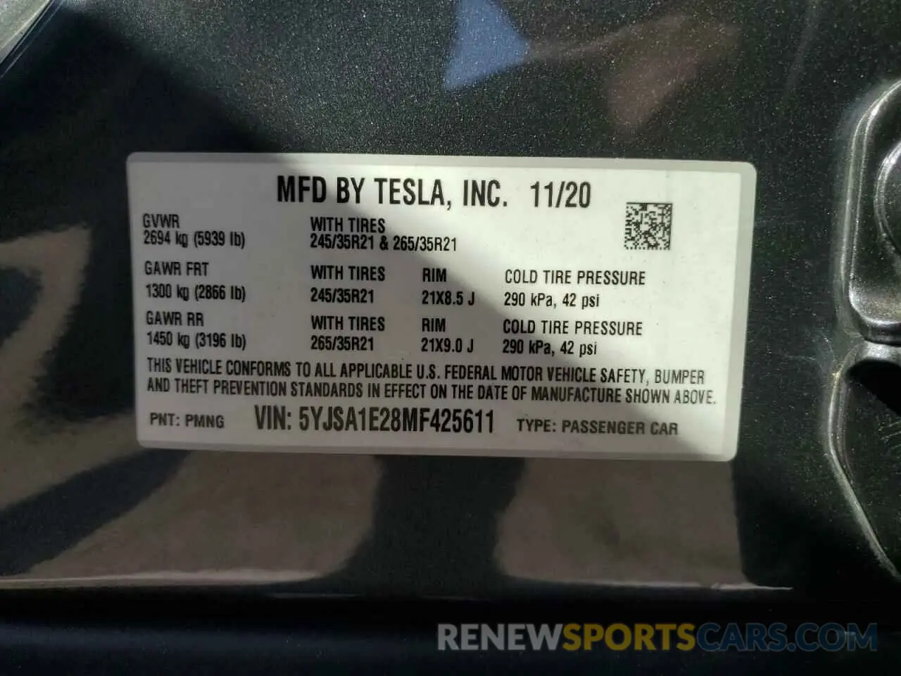 13 fotografías del automóvil dañado 5YJSA1E28MF425611 TESLA MODEL S 2021