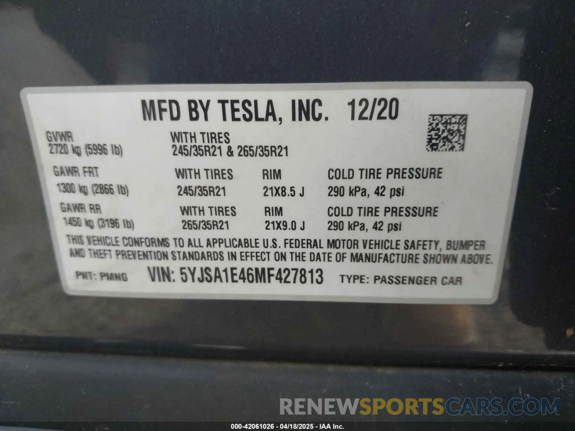 9 fotografías del automóvil dañado 5YJSA1E46MF427813 TESLA MODEL S 2021