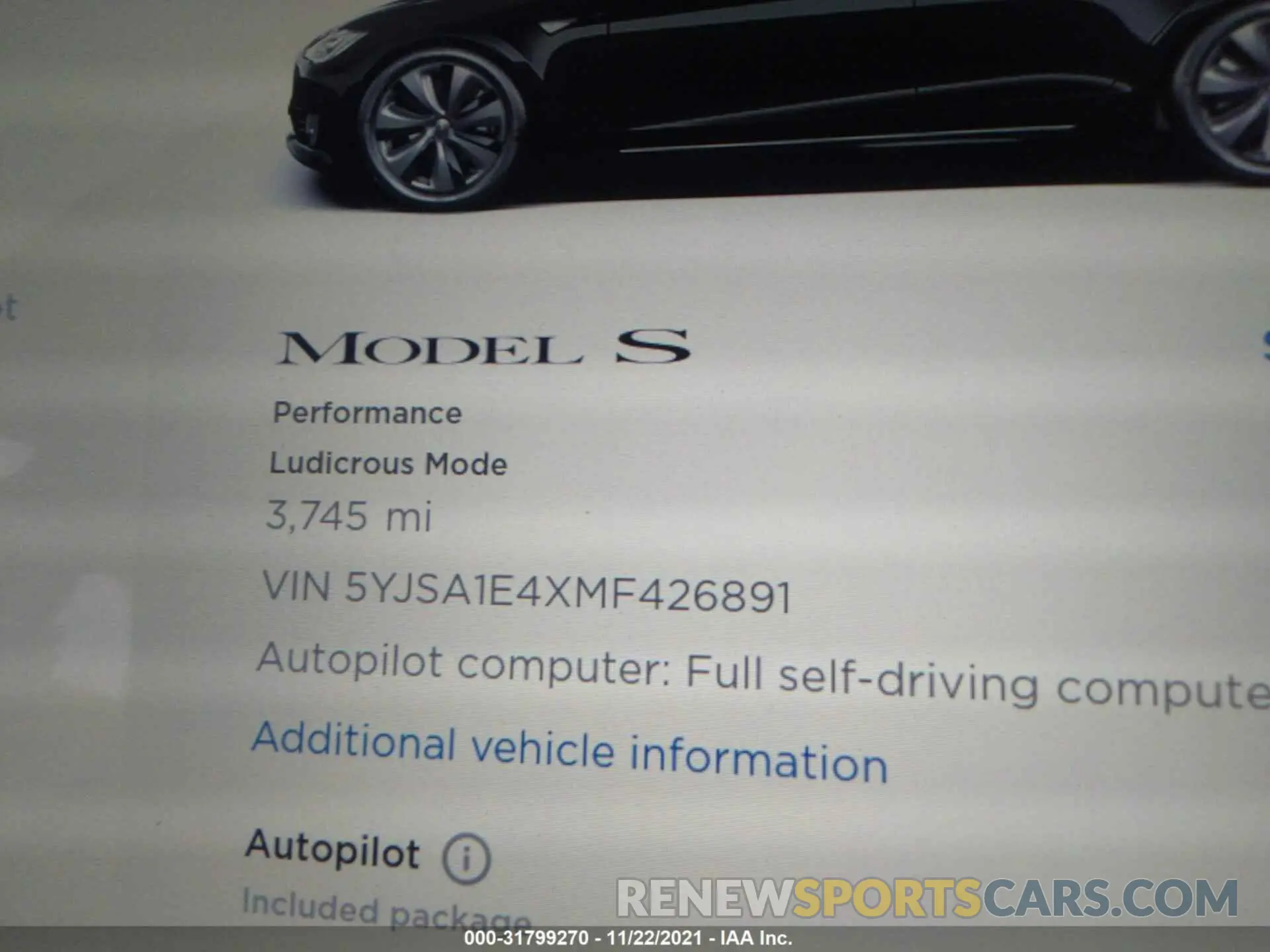 7 fotografías del automóvil dañado 5YJSA1E4XMF426891 TESLA MODEL S 2021