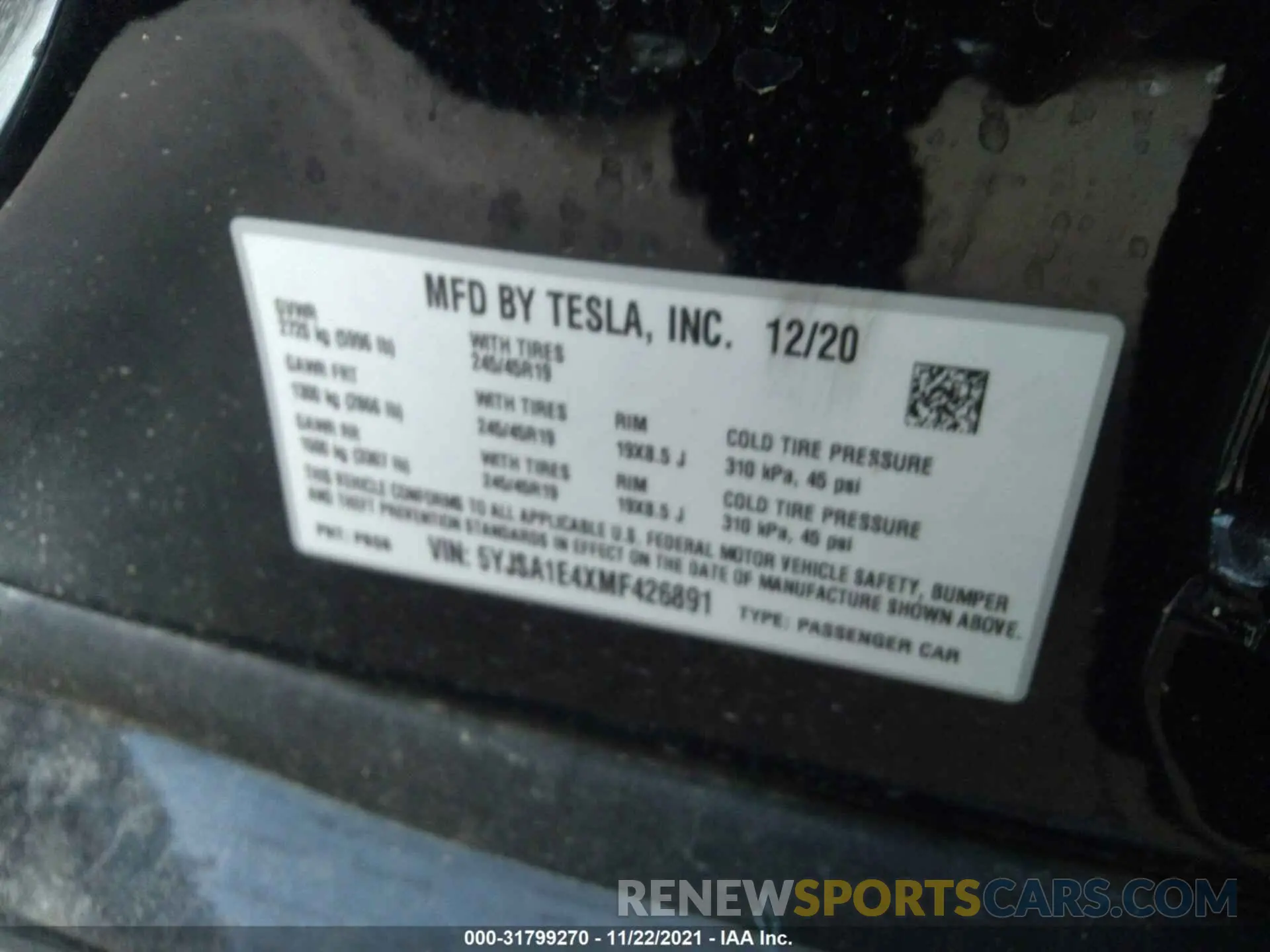 9 fotografías del automóvil dañado 5YJSA1E4XMF426891 TESLA MODEL S 2021
