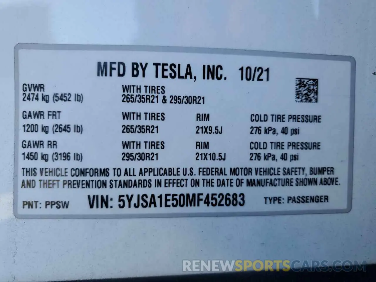 12 fotografías del automóvil dañado 5YJSA1E50MF452683 TESLA MODEL S 2021