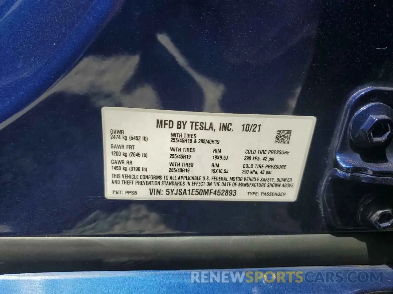 13 fotografías del automóvil dañado 5YJSA1E50MF452893 TESLA MODEL S 2021