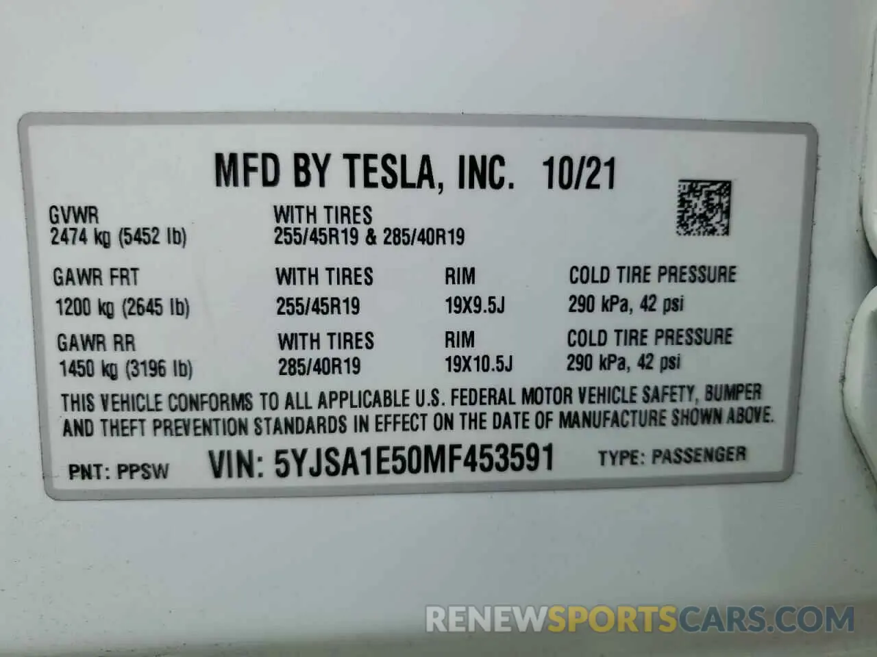 13 fotografías del automóvil dañado 5YJSA1E50MF453591 TESLA MODEL S 2021