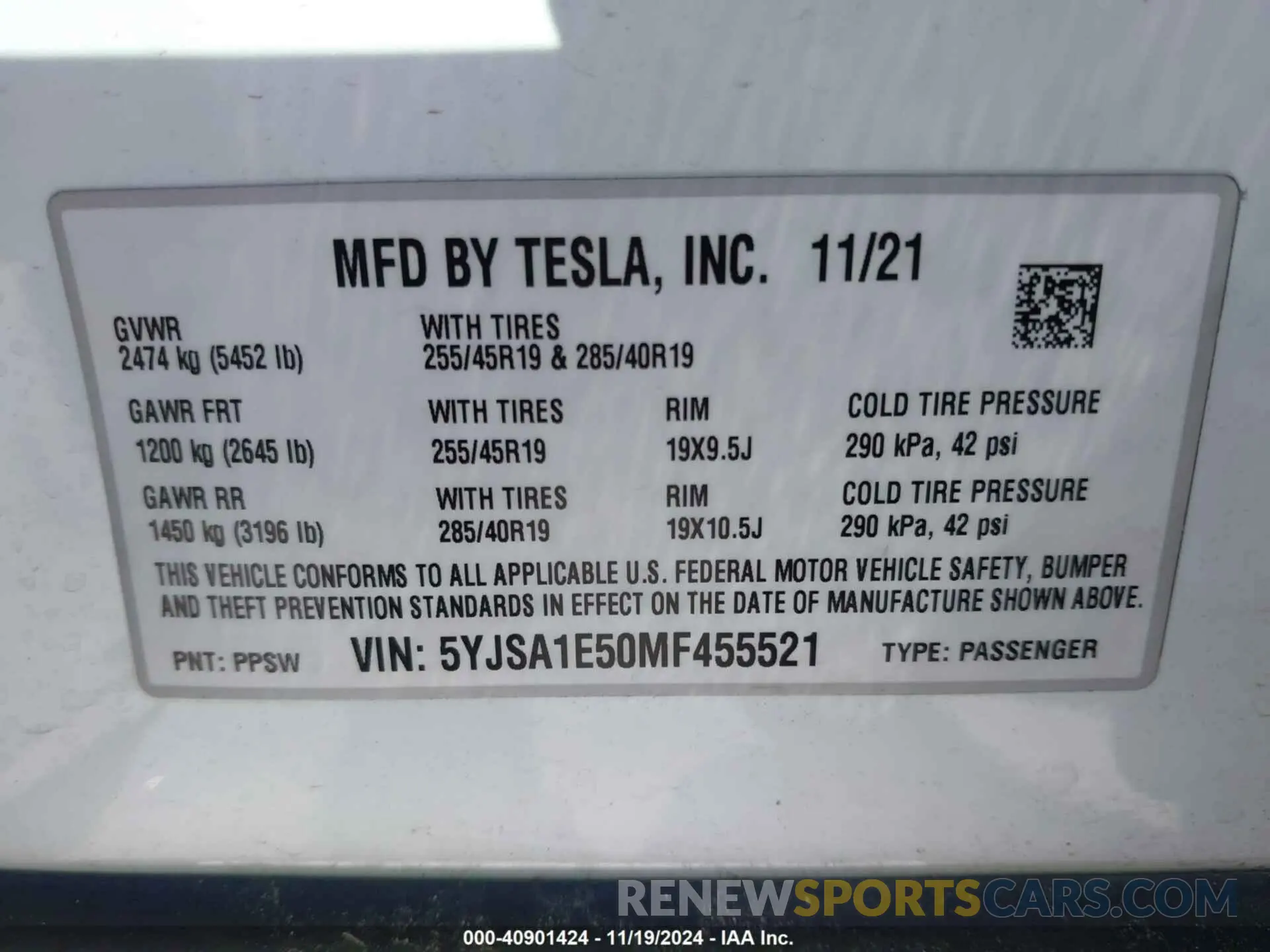 9 fotografías del automóvil dañado 5YJSA1E50MF455521 TESLA MODEL S 2021