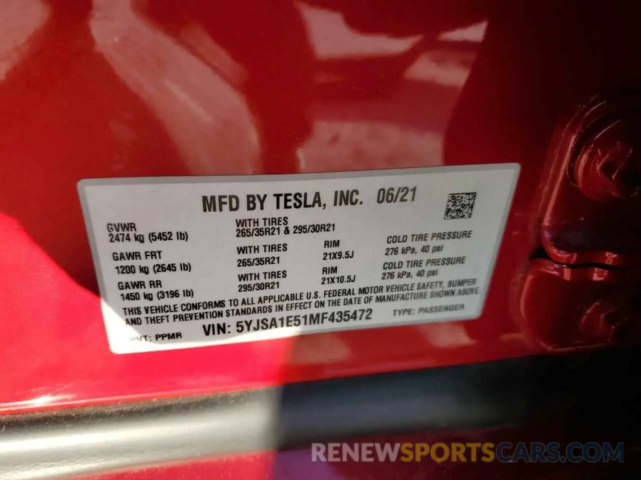 12 fotografías del automóvil dañado 5YJSA1E51MF435472 TESLA MODEL S 2021