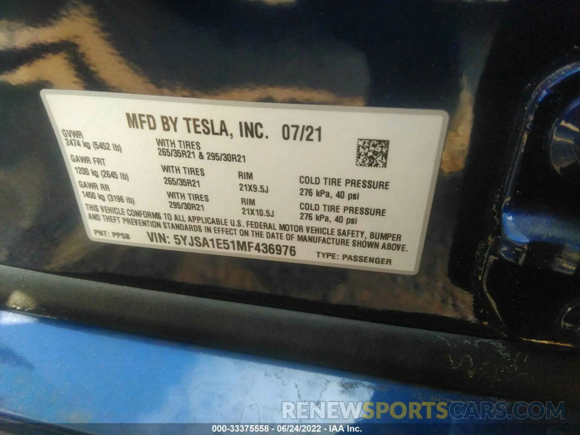 9 fotografías del automóvil dañado 5YJSA1E51MF436976 TESLA MODEL S 2021