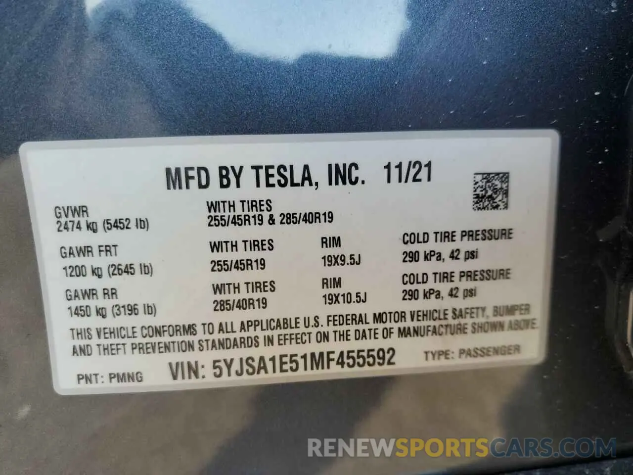 12 fotografías del automóvil dañado 5YJSA1E51MF455592 TESLA MODEL S 2021