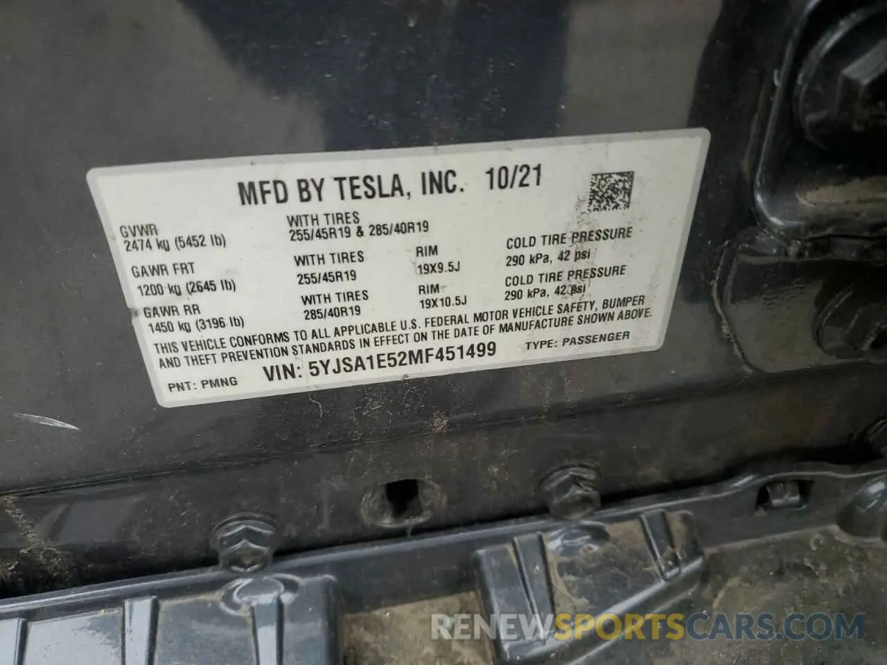 12 fotografías del automóvil dañado 5YJSA1E52MF451499 TESLA MODEL S 2021