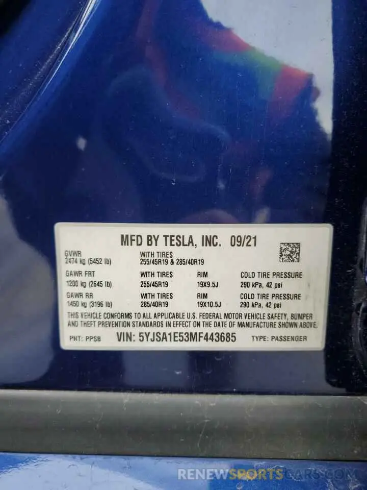 15 fotografías del automóvil dañado 5YJSA1E53MF443685 TESLA MODEL S 2021