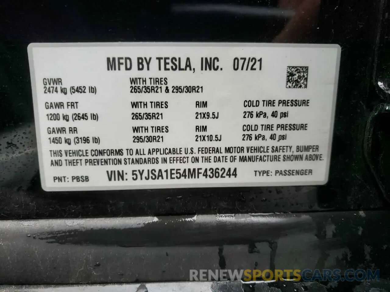 10 fotografías del automóvil dañado 5YJSA1E54MF436244 TESLA MODEL S 2021