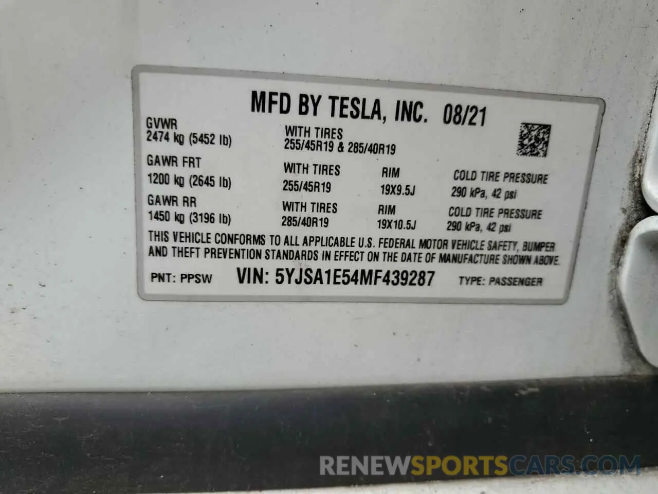 13 fotografías del automóvil dañado 5YJSA1E54MF439287 TESLA MODEL S 2021