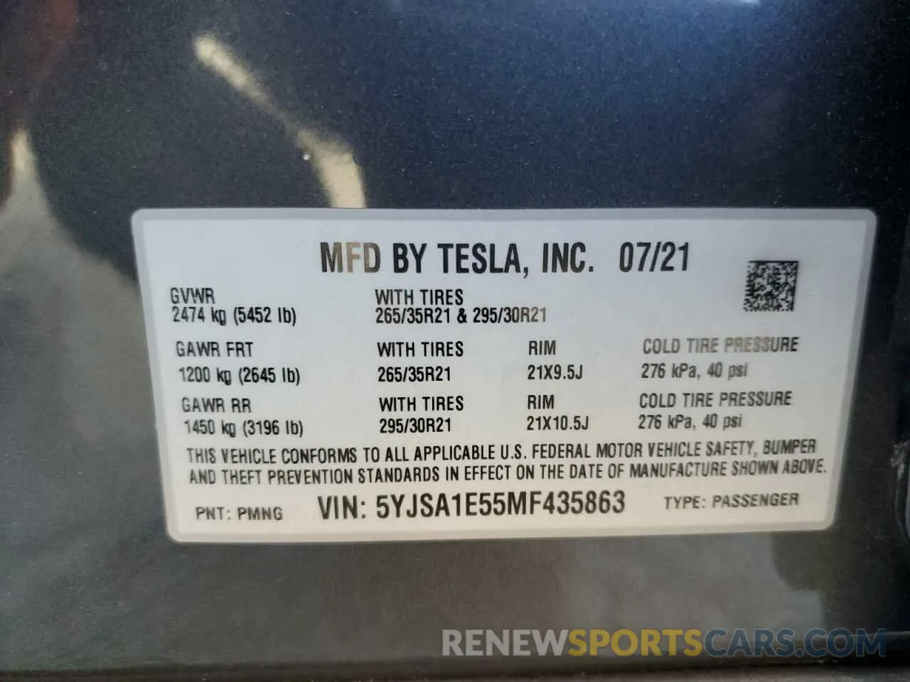 12 fotografías del automóvil dañado 5YJSA1E55MF435863 TESLA MODEL S 2021