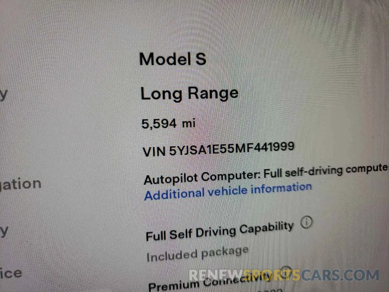 8 fotografías del automóvil dañado 5YJSA1E55MF441999 TESLA MODEL S 2021