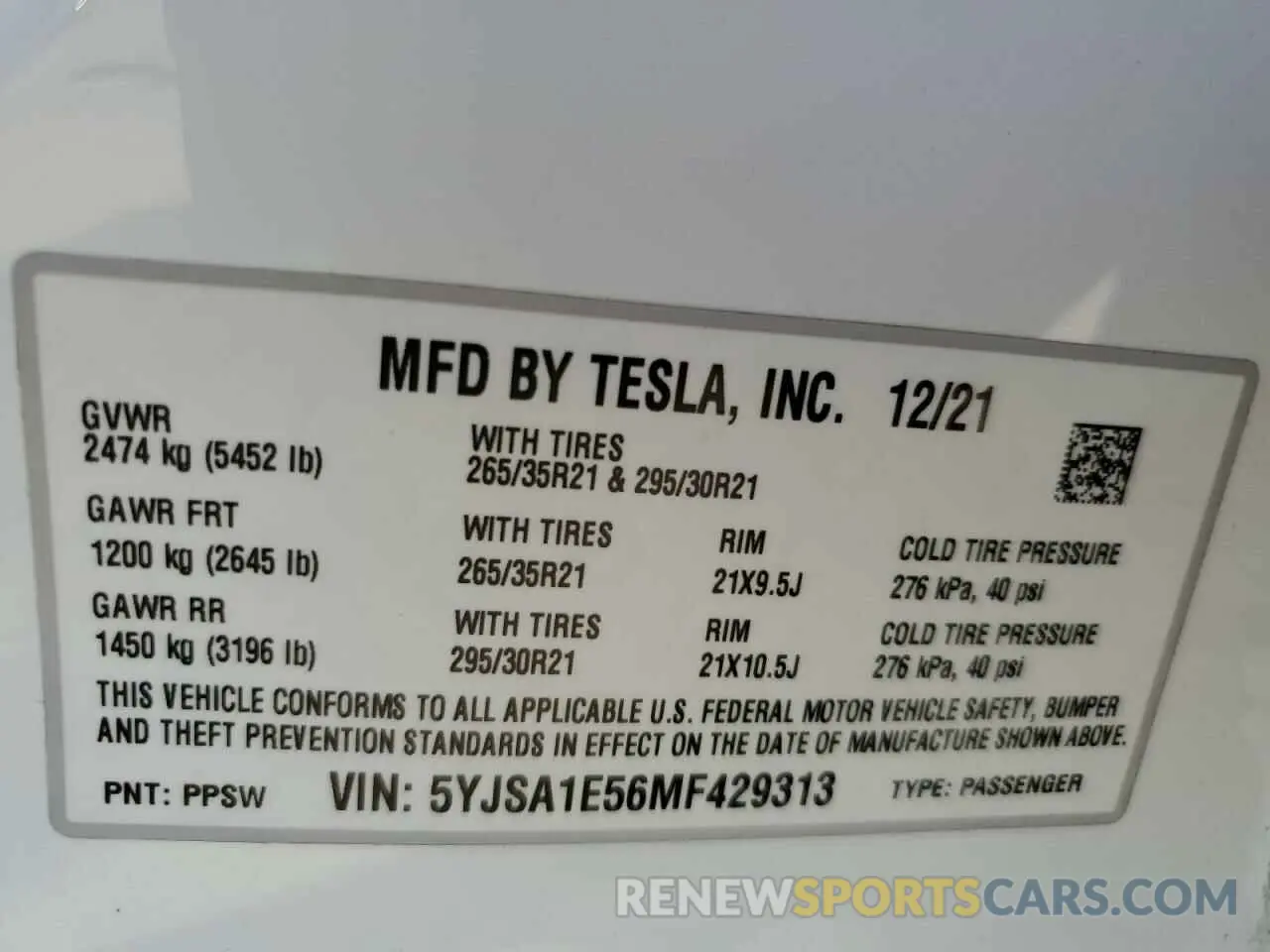10 fotografías del automóvil dañado 5YJSA1E56MF429313 TESLA MODEL S 2021
