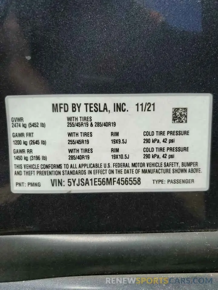 13 fotografías del automóvil dañado 5YJSA1E56MF456558 TESLA MODEL S 2021
