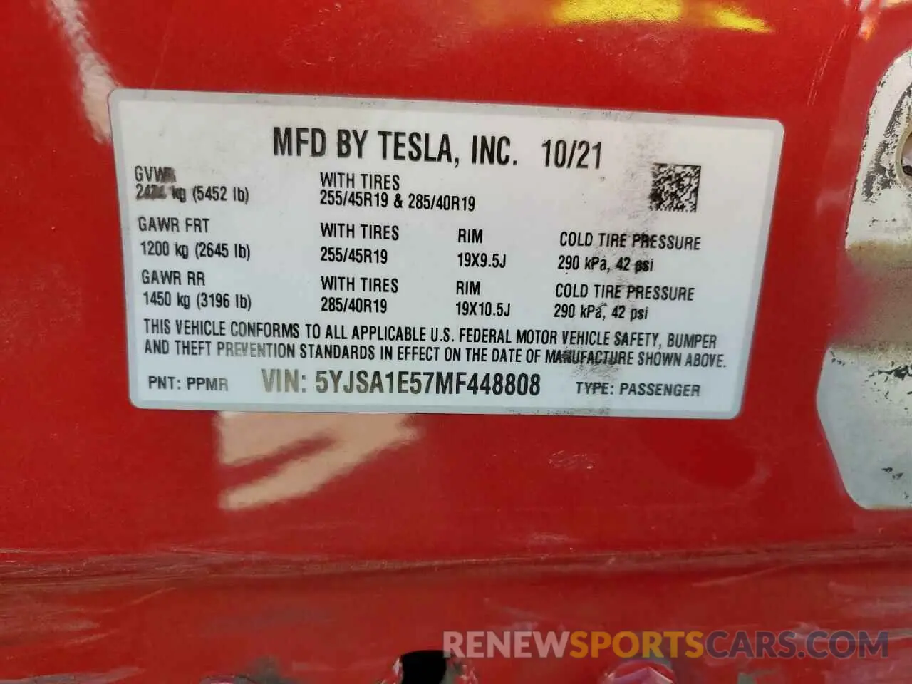 13 fotografías del automóvil dañado 5YJSA1E57MF448808 TESLA MODEL S 2021
