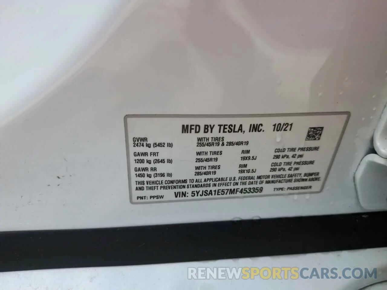 13 fotografías del automóvil dañado 5YJSA1E57MF453359 TESLA MODEL S 2021