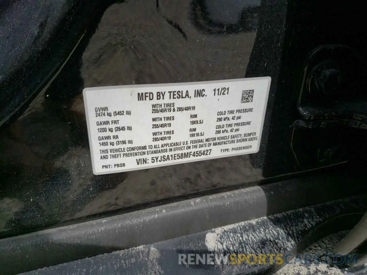 10 fotografías del automóvil dañado 5YJSA1E58MF455427 TESLA MODEL S 2021