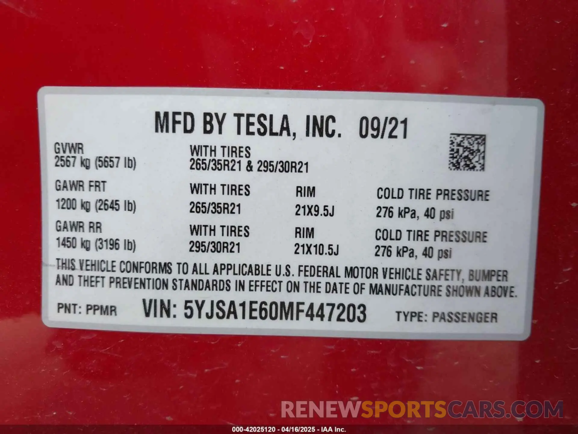 9 fotografías del automóvil dañado 5YJSA1E60MF447203 TESLA MODEL S 2021
