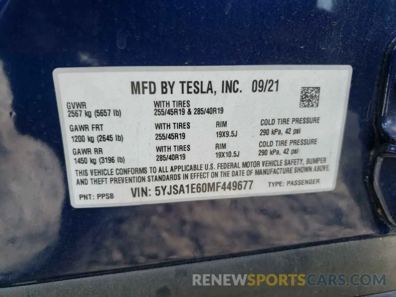 10 fotografías del automóvil dañado 5YJSA1E60MF449677 TESLA MODEL S 2021
