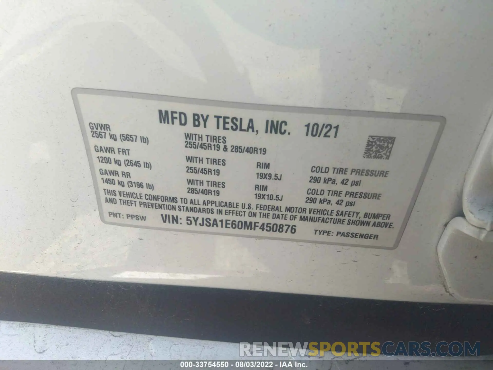 9 fotografías del automóvil dañado 5YJSA1E60MF450876 TESLA MODEL S 2021
