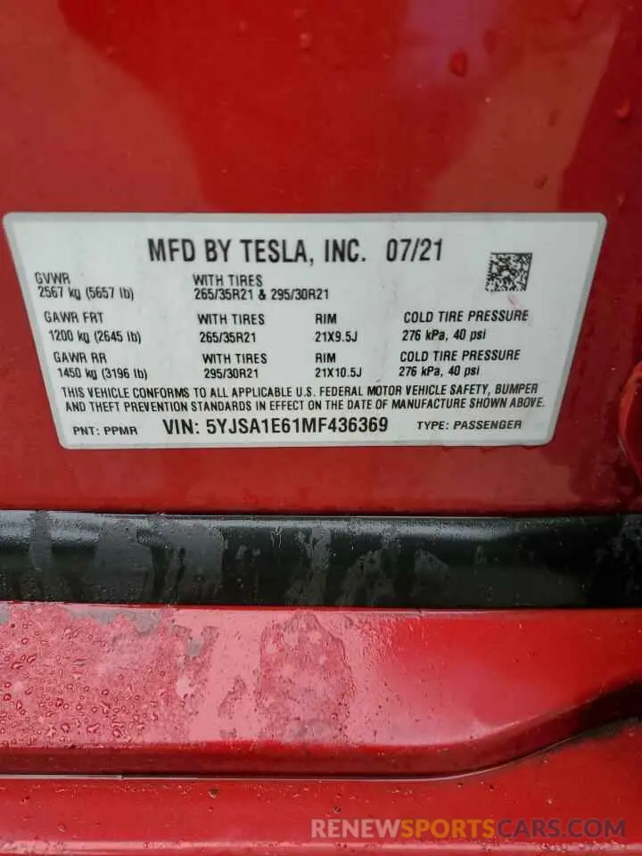 12 fotografías del automóvil dañado 5YJSA1E61MF436369 TESLA MODEL S 2021