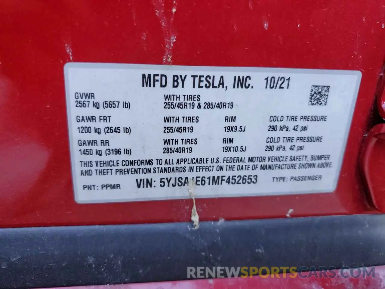 10 fotografías del automóvil dañado 5YJSA1E61MF452653 TESLA MODEL S 2021
