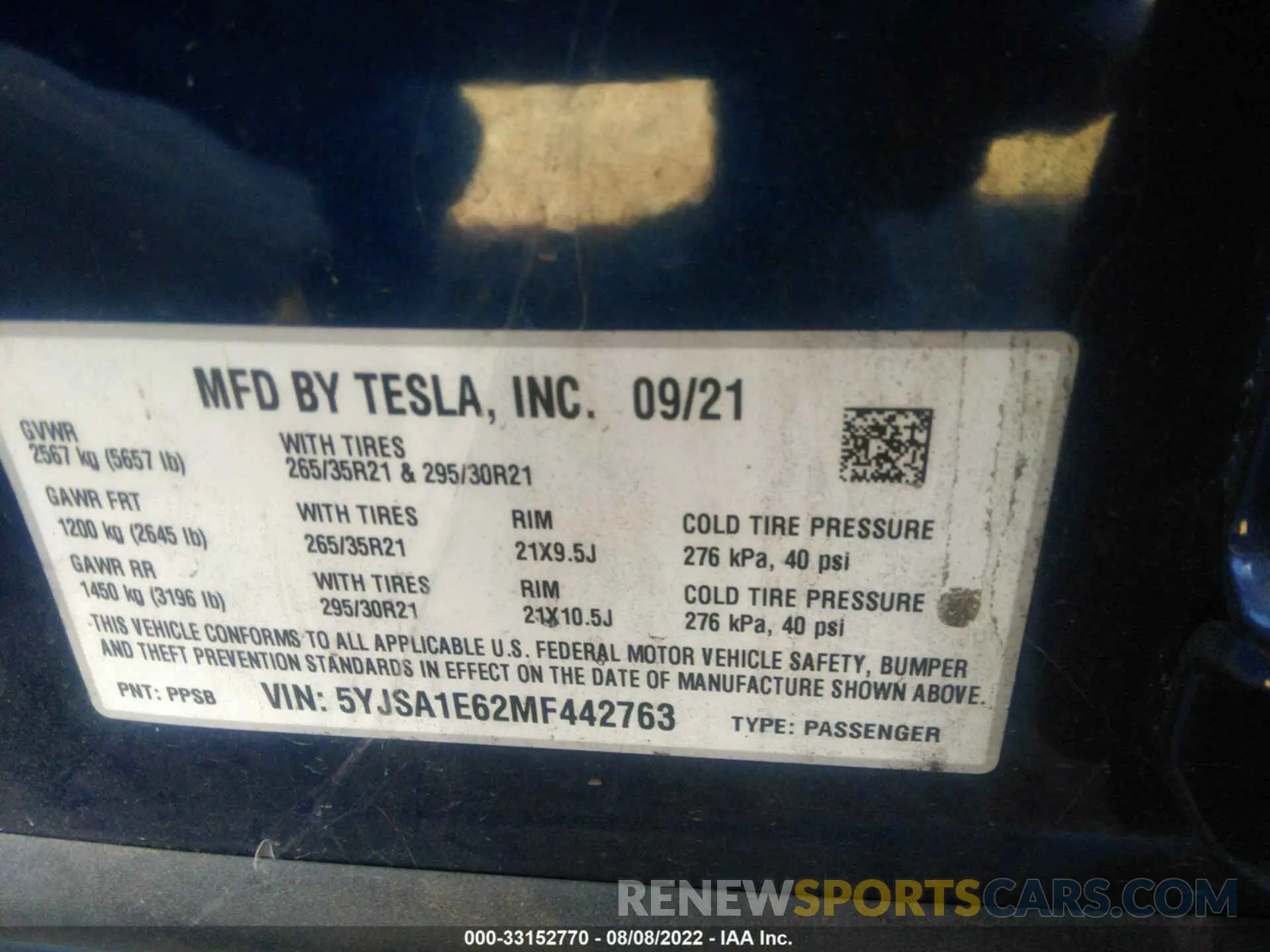 9 fotografías del automóvil dañado 5YJSA1E62MF442763 TESLA MODEL S 2021