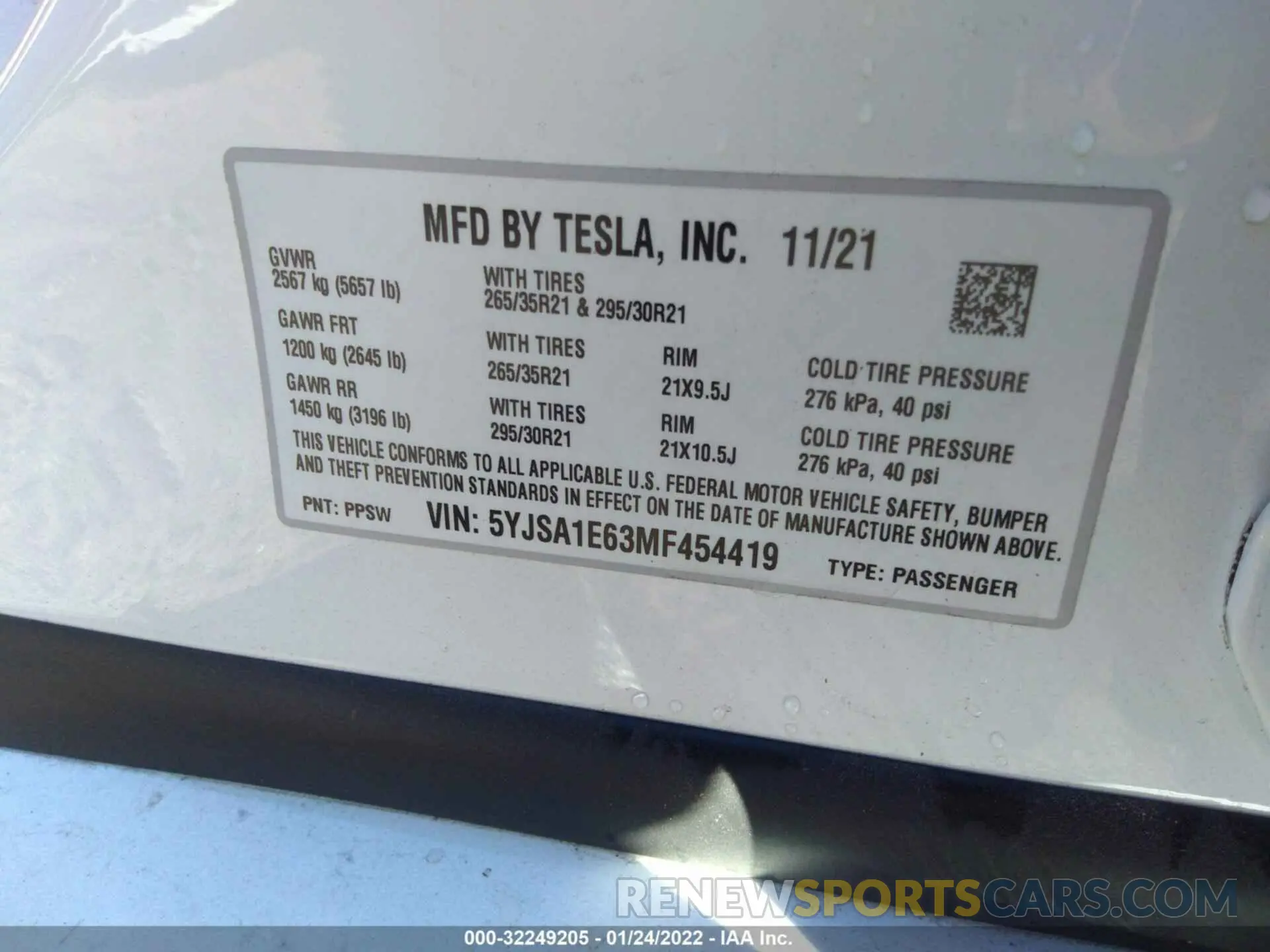 9 fotografías del automóvil dañado 5YJSA1E63MF454419 TESLA MODEL S 2021
