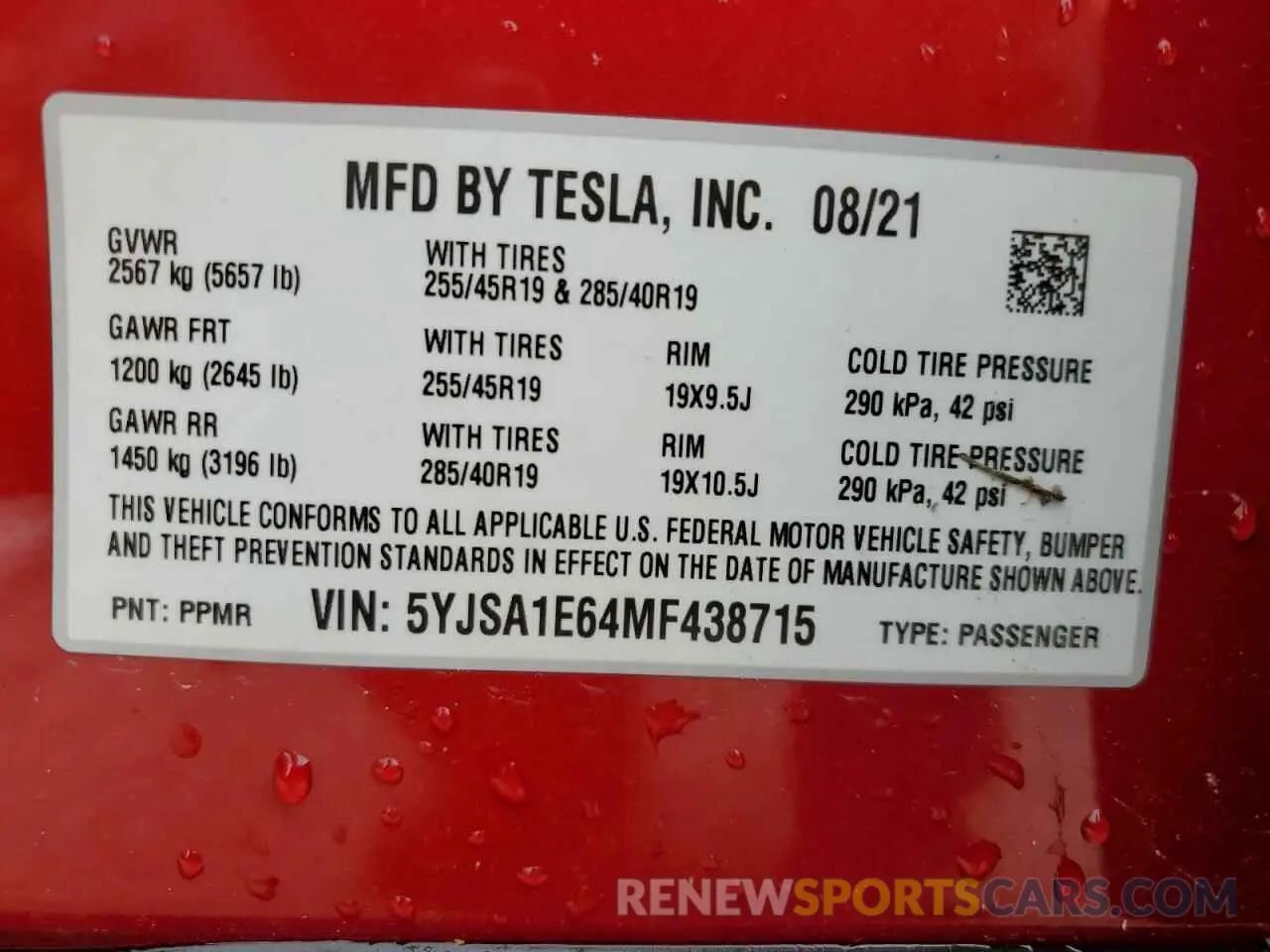 13 fotografías del automóvil dañado 5YJSA1E64MF438715 TESLA MODEL S 2021