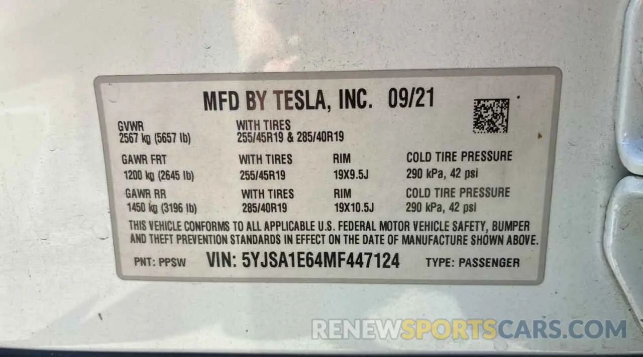 10 fotografías del automóvil dañado 5YJSA1E64MF447124 TESLA MODEL S 2021
