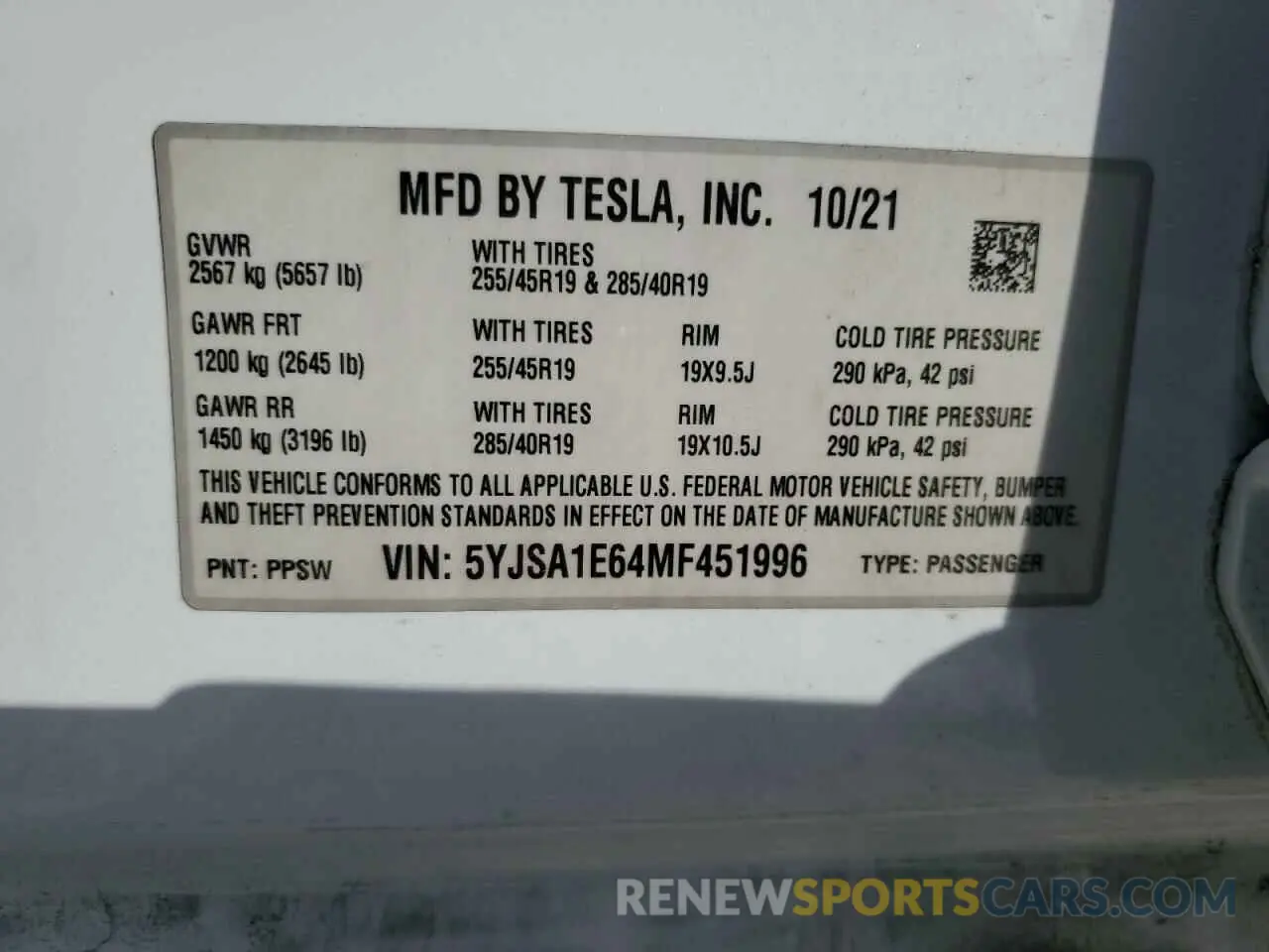 13 fotografías del automóvil dañado 5YJSA1E64MF451996 TESLA MODEL S 2021