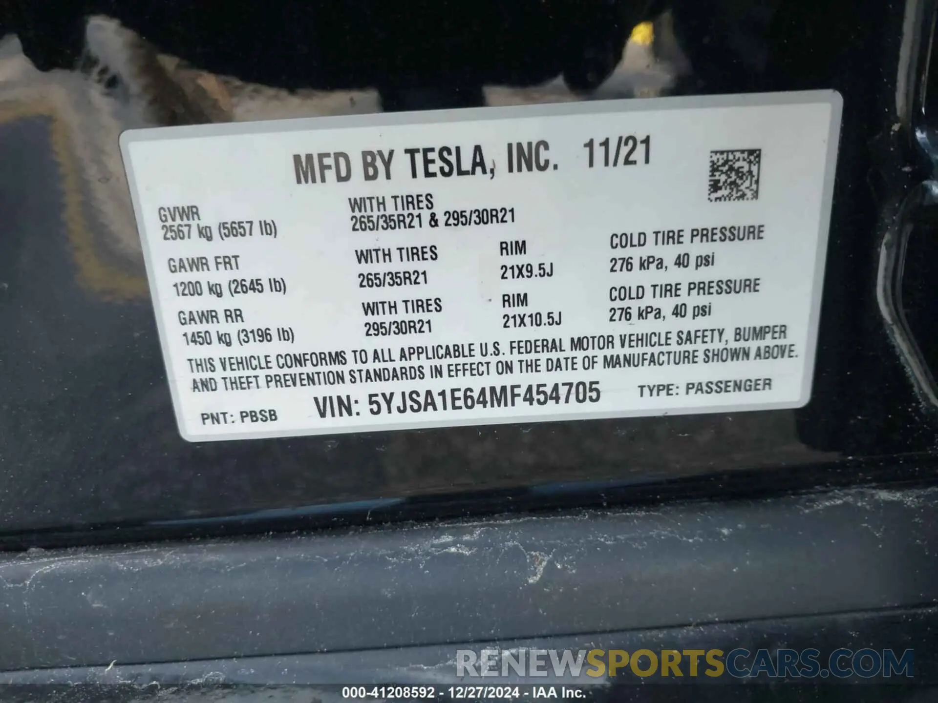 9 fotografías del automóvil dañado 5YJSA1E64MF454705 TESLA MODEL S 2021